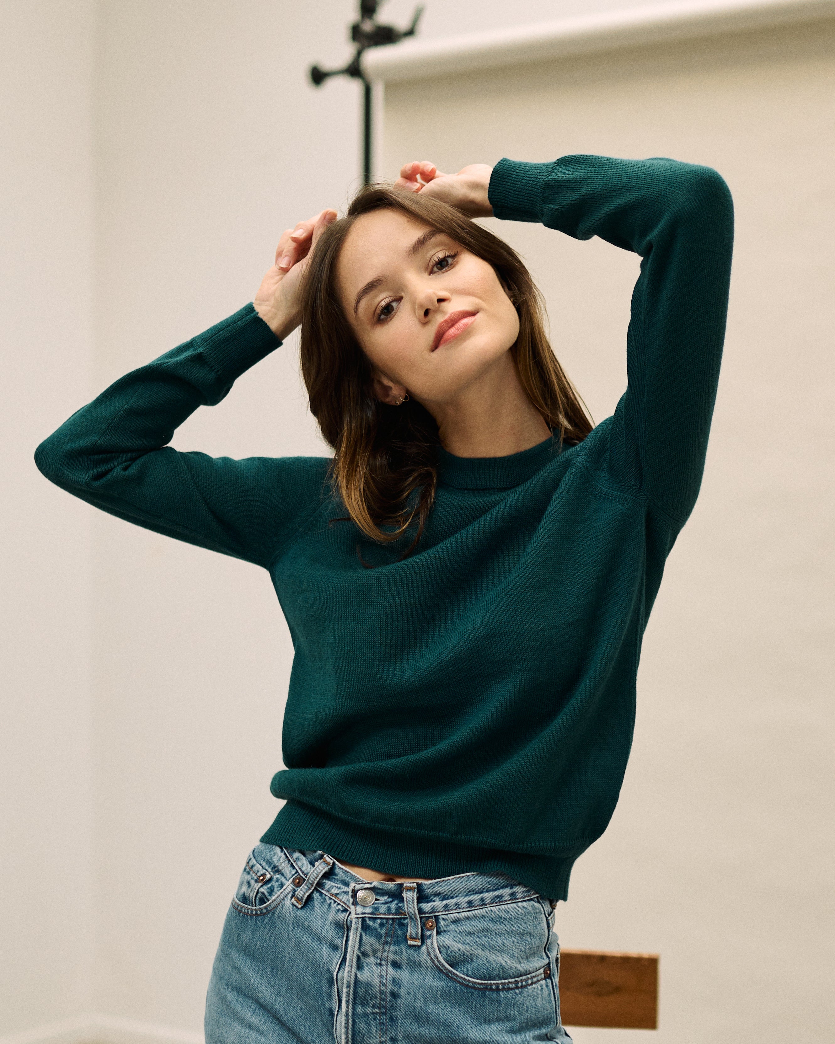 Warm green alpaca wool knit sweater with button collar for women